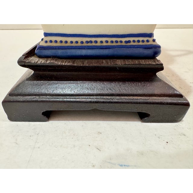 Vintage Blue and White Floral Porcelain Table Lamp on Wood Base For Sale - Image 4 of 10