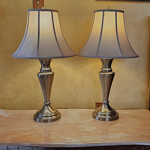Pair of Vintage Stiffel Brushed Brass Table Lamps With Original Markings, Hollywood Regency Style For Sale - Image 17 of 18