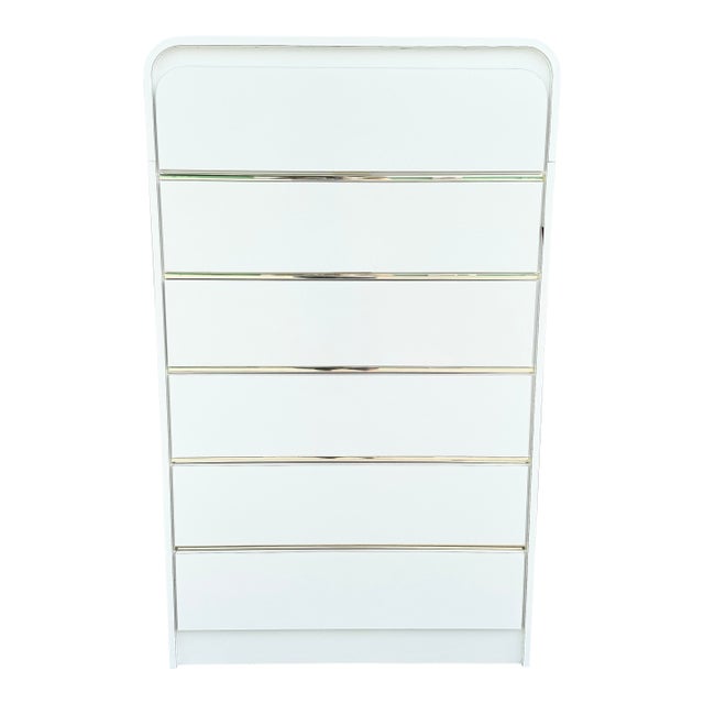 Postmodern White Gloss Laminate Waterfall Highboy Dresser For Sale