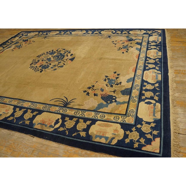 Antique 1920s Beige Field Deco Peacock Chinese Peking Knotted Rug 9' X 11' 6'' For Sale In New York - Image 6 of 9