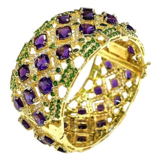 Bochic “Capri” Vintage Amethyst & Multi Color Gem & Cuff - 18K Gold & Silver For Sale