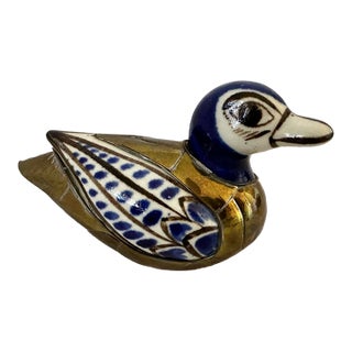 Vintage Mexican Tonala Pottery & Brass Duck Figurine For Sale