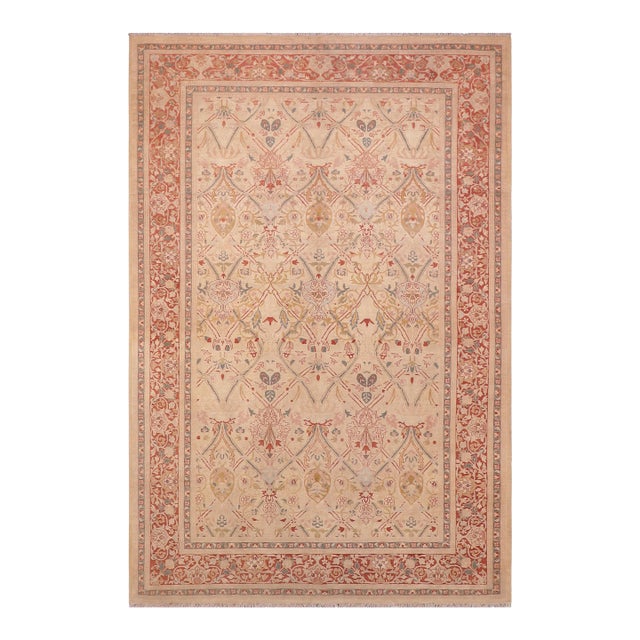 Shabby Chic Floral 1990's Pak-Persian Tan/Red Wool Rug - 6'1'' X 9'1'' For Sale