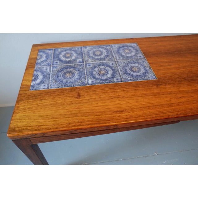 Mid-Century Modern Rosewood Coffee Table with Blue Ceramic Tiles, Denmark, 1960s For Sale - Image 3 of 15