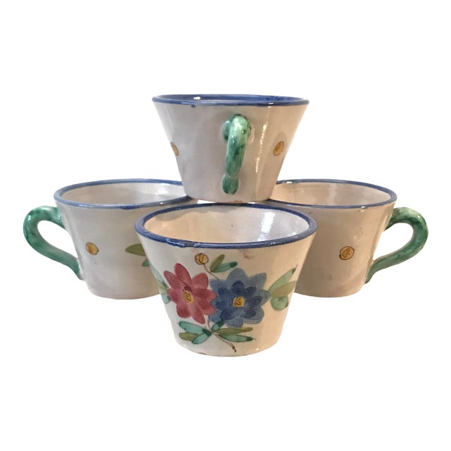 Vintage Hand Painted Floral Italian Pottery Tea Cup Mugs - Set of 4 For Sale