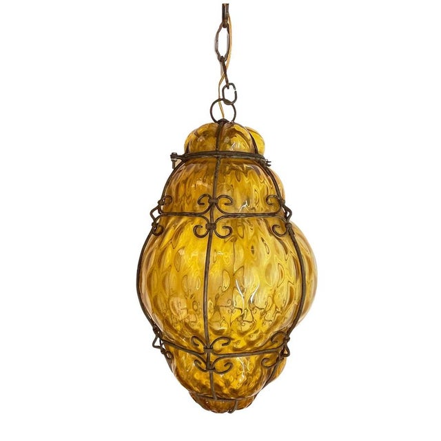 Mid-Century Italian Handblown Murano Amber Glass Cage Pendant Light from Seguso, 1940s For Sale - Image 9 of 16