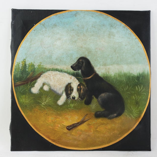 Textile Vintage Hand Painted Folk Art Pet Portrait Circular Oil Painting on Canvas With Black and White Dogs in Landscape For Sale - Image 7 of 8