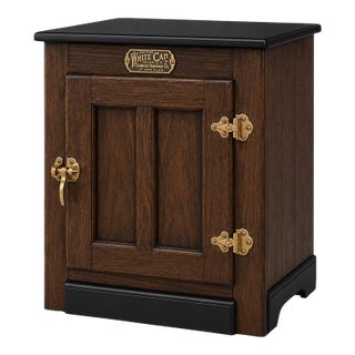 Authentic White Clad Oak Icebox Cabinet Nightstand in Tobacco Walnut & Onyx Black For Sale