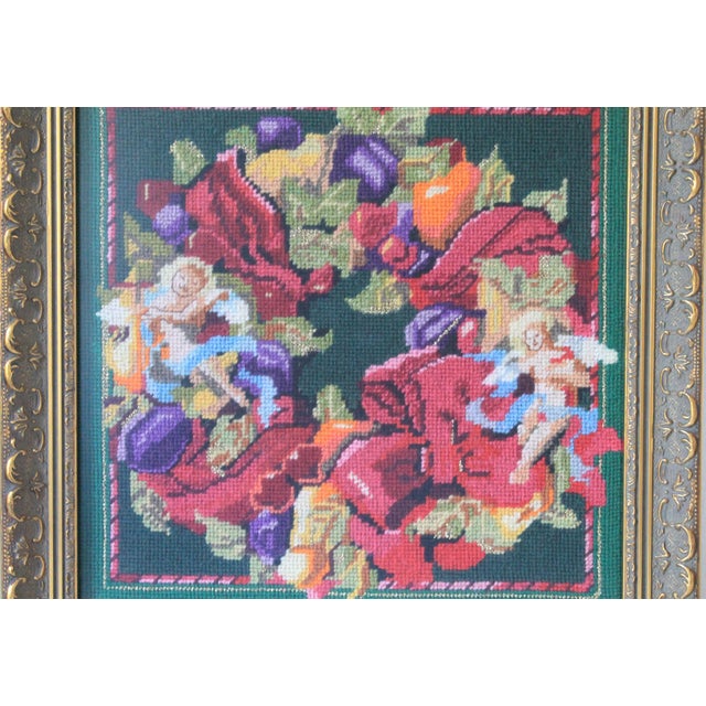 Hollywood Regency Vintage Cherub & Fruit Wreath Framed Needlepoint Wall Hanging For Sale - Image 3 of 6