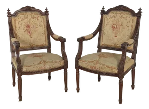 Pair of Louis XVI–Style Walnut/Beech Part Gilt Armchairs With Aubusson Tapestry Upholstery