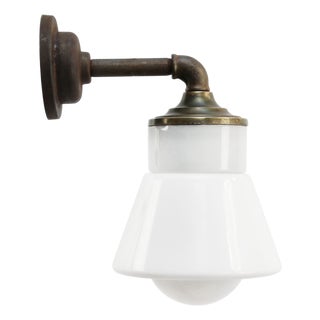 Vintage Brass and Cast Iron Wall Light in White Opaline Glass For Sale