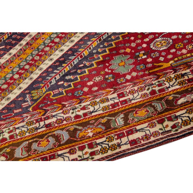 Vintage Handmade Shiraz Red Geometric Wool Rug 6'10" X 10'1" For Sale - Image 4 of 10