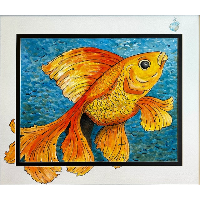 Brilliant goldfish original watercolor painting. Framed. Daniel Smith professional watercolor paints, gold shimmer...