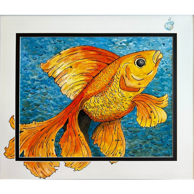 Brilliant goldfish original watercolor painting. Daniel Smith professional watercolor paints, gold shimmer Japanese paints...