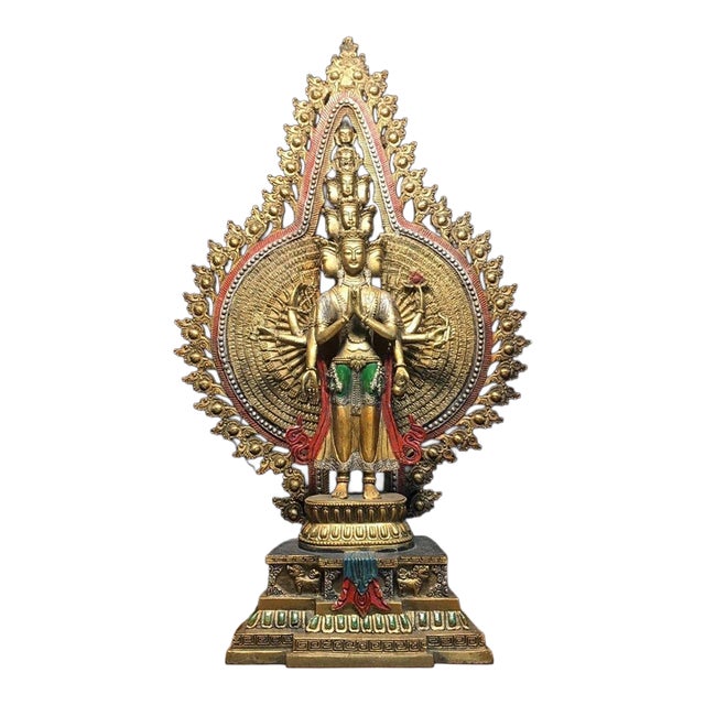 Vintage Gilt Bronze Thousand-Hand Guanyin Figure – Painted Buddhist Statue For Sale