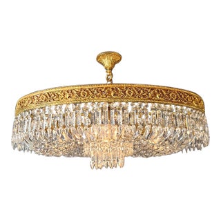 Antique Oval Flush Mount Chandelier Brass Crystal Ceiling Light Restored Gold For Sale