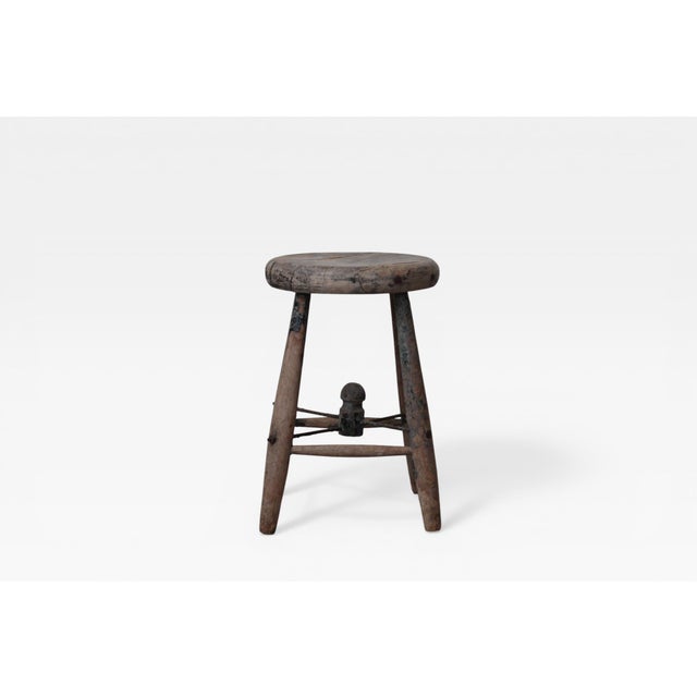 French 1920s French Rustic Workshop Stool With Iron Stretcher For Sale - Image 3 of 18