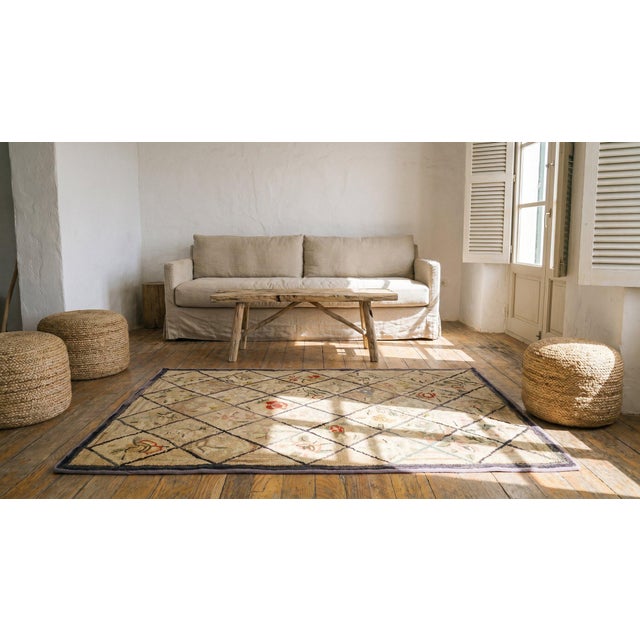 1930s Tan Camel Diamond Folk Art Antique American Hooked Rug3'0"x 5'0" Handknotted Wool Carpet For Sale - Image 13 of 14