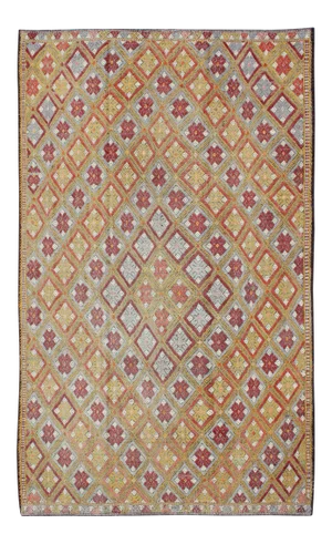 Colorful Vintage Turkish Flat-Weave Embroidered Rug With Geometric Diamond Design