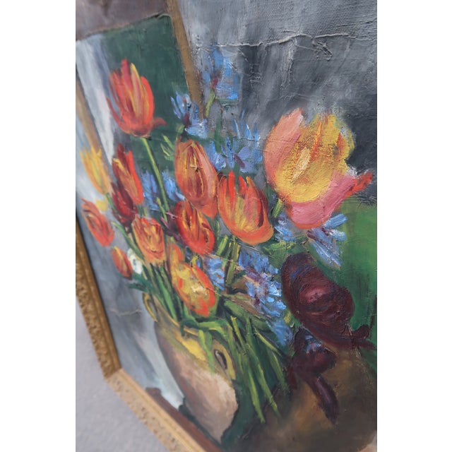 Wood 1940s Large French Oil Painting – Floral Still Life With Tulips – Ornate Giltwood Frame – French Art For Sale - Image 7 of 12