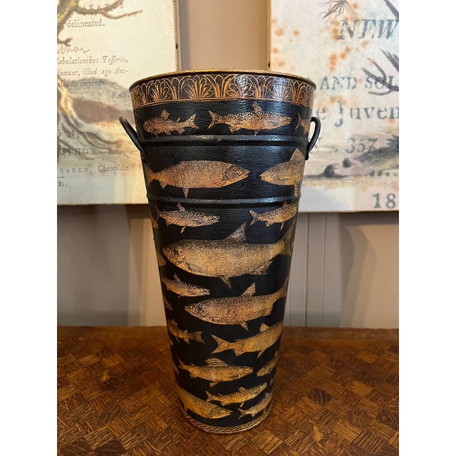 Vintage English Planter Jardiniere Urn Fish Decoupage Black Tole Lodge Décor For Sale - Image 11 of 18
