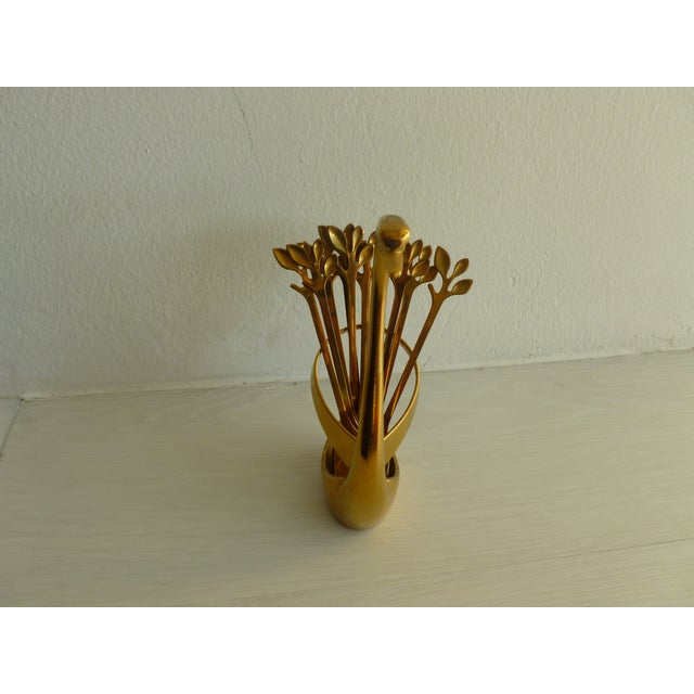 Vintage 1970's Brass Plated Metal Swan Vessel Bowl With !0 Serving Spoons For Sale - Image 16 of 17