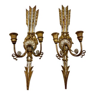 Antique Italian Silver & Gold Giltwood Arrow Candle Sconces - A Pair For Sale