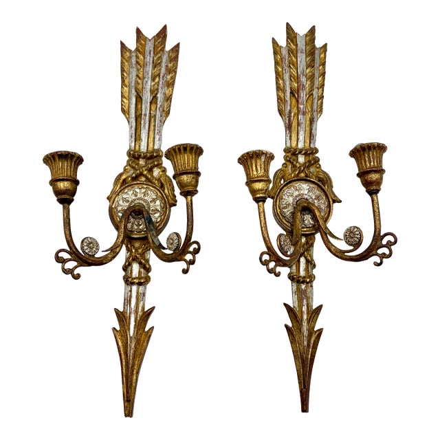 Antique Italian Silver & Gold Giltwood Arrow Candle Sconces - A Pair For Sale