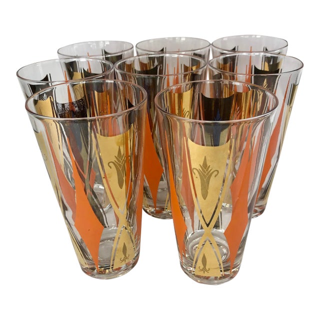 Vintage Tumblers With Orange and Gold Decoration - Set of 8 For Sale