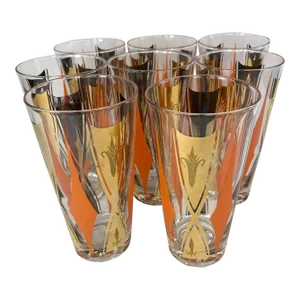 Vintage Tumblers With Orange and Gold Decoration - Set of 8