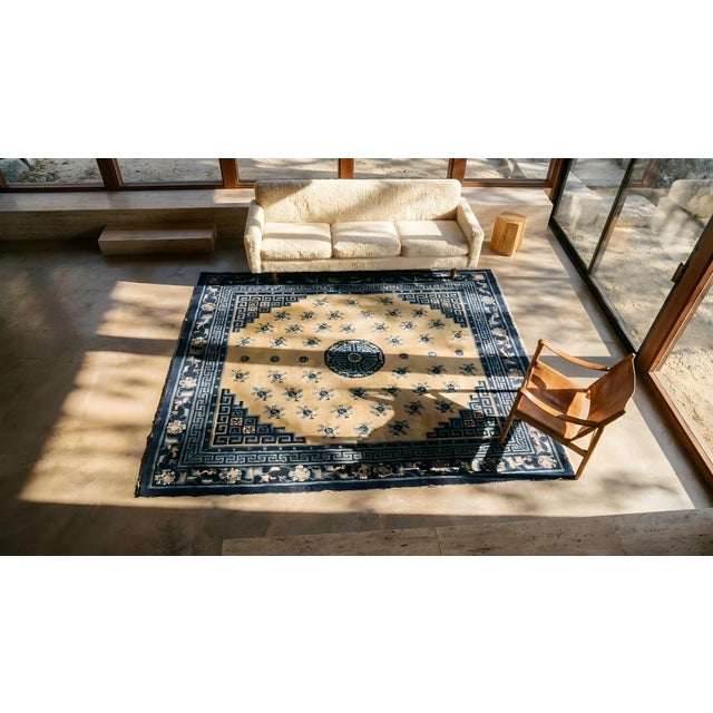 1920s Beige Medallion Floral Antique Chinese Baotou Carpet 5' 9" X 6' 2" Handknotted Wool Rug For Sale - Image 13 of 14