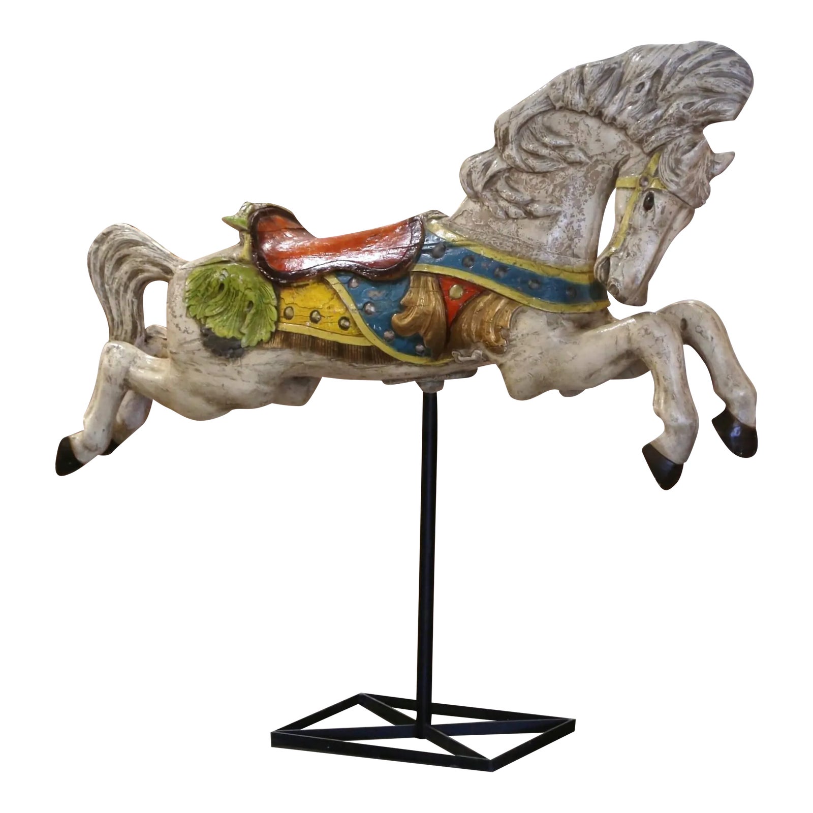 Mid-Century French Carved and Painted Carousel Horse on Metal