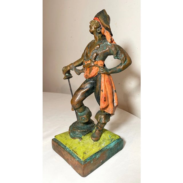 Figurative Tall Antique Detailed Polychromed Bronze Clad Figural Paul Herzel Pirate Statue For Sale - Image 3 of 12