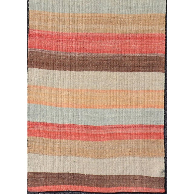 Vintage Turkish Kilim Runner With Coral, Tan and Soft Blue Stripes For Sale - Image 4 of 11