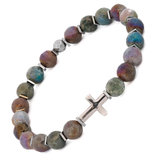 Early 21st Century Sterling Silver Cross & Mystic Indian Agate Beaded Bracelet For Sale - Image 5 of 7