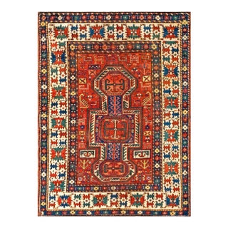1890s Red Medallion Antique Caucasian Kazak Rug 4'6" X 5'9" Handknotted Wool Carpet For Sale