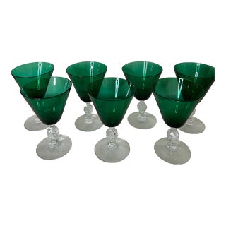 Set of 7 Morgantown Roanoke Venetian or Golf Ball Wine or Cocktail Glasses in Venetian Green For Sale