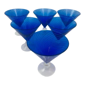 Cobalt Blue Italian Stemmed Martini Glasses Set of 6 Post Modern Barware 1980s