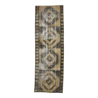 1970s Vintage Turkish Handmade Wool Cotton Brown Runner Rug For Sale