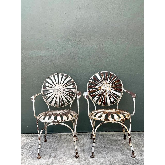 Beige Vintage Francois Carre Sunburst Metal Garden Chairs - A Pair For Sale - Image 8 of 12