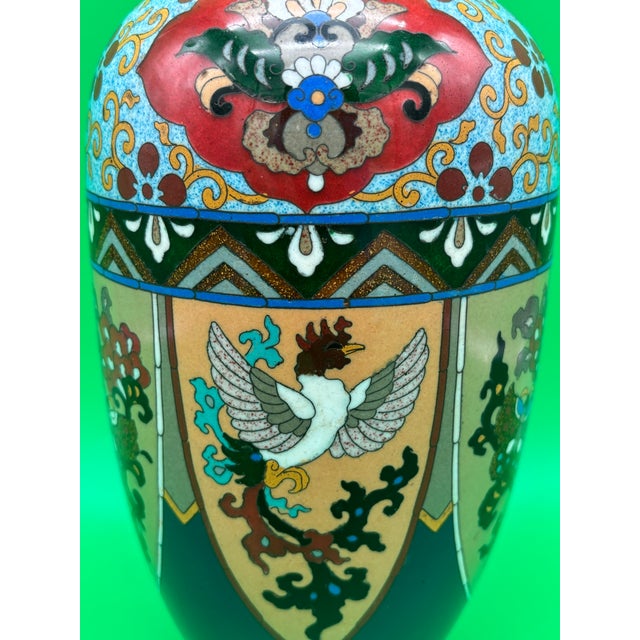 Metal Large Antique Meiji Japanese Cloisonne Dragon Ho-O Phoenix Shield Vase 11.75” For Sale - Image 7 of 11