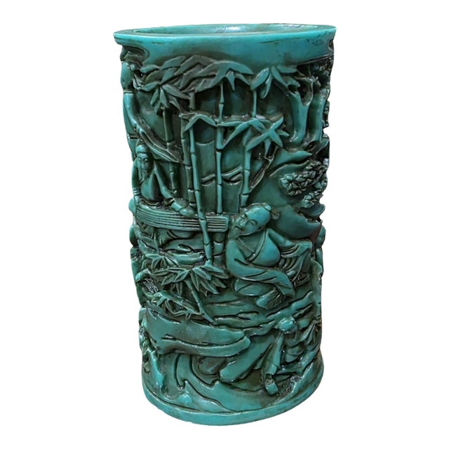 Vintage Chinese Simulated Turquoise Figural Scholar Brush Pot For Sale