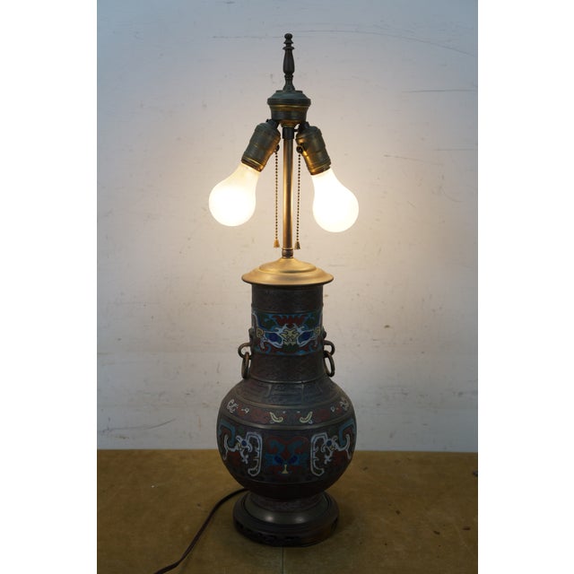Early 20th Century Japanese Champleve Bronze Cloisonne Enameled Mantel Vase Urn Table Lamp 26" For Sale - Image 5 of 14