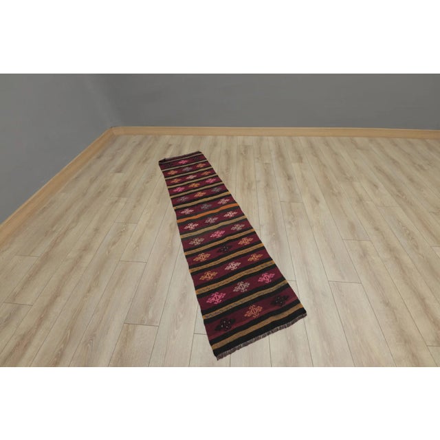 Tribal 1970s Rustic Burgundy Striped Cecim Kilim Rug For Sale - Image 3 of 13