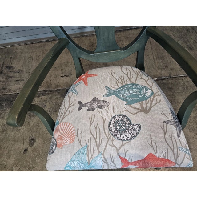 Ethan Allen Ethan Allen Open Arm Chair Green Painted Wood Ocean Print Fabric Fish & Starfish For Sale - Image 4 of 8