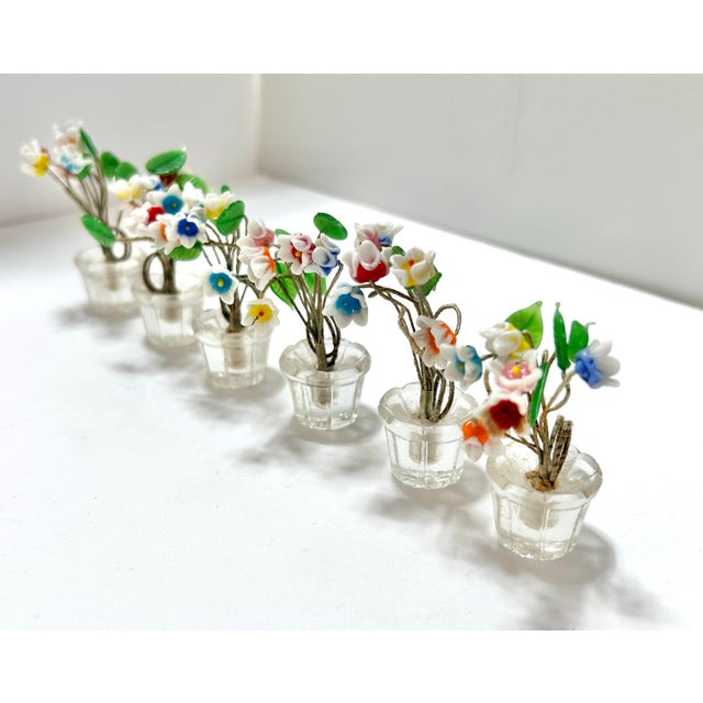 1950s Miniature Czech Art Glass Potted Flowers Bouquet Place Card Holders - A Set of 6 For Sale In Louisville - Image 6 of 12