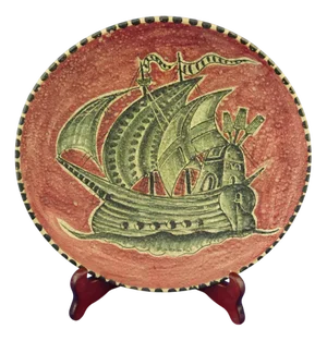 Ceramic Plate with Sailing Ship at Sea Motif attributed to Guido Gambone for Avallone Vietri, Italy, 1920s