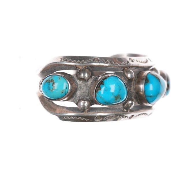 6.25" Vintage Navajo hand stamped heavy sterling/turquoise row cuff bracelet For Sale - Image 4 of 10