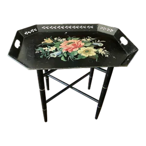 Mid 20th Century Vintage Black Hand Painted Tole Tray on Folding Stand