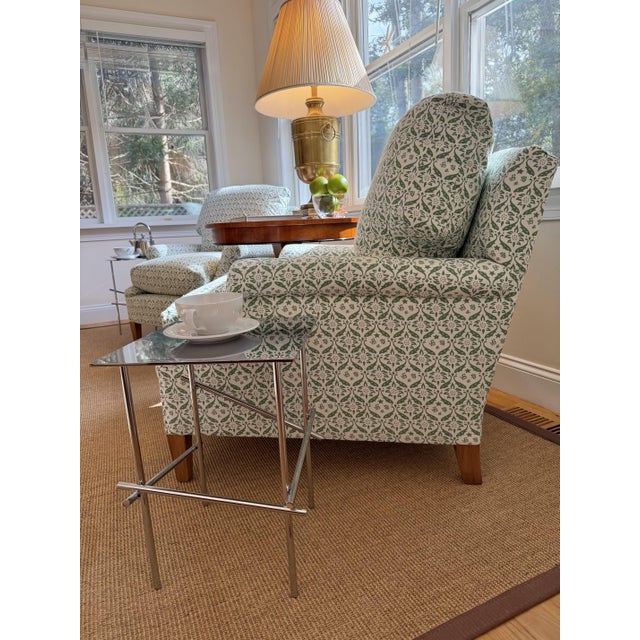 A Pair of Howard & Sons Green and White Lounge Chairs With Custom Tan Slipcovers For Sale - Image 4 of 18